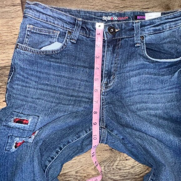 Blue Straight Leg Jeans Mid Rise Red Plaid Patches Women's Size 6 Style & Co - Picture 10 of 13